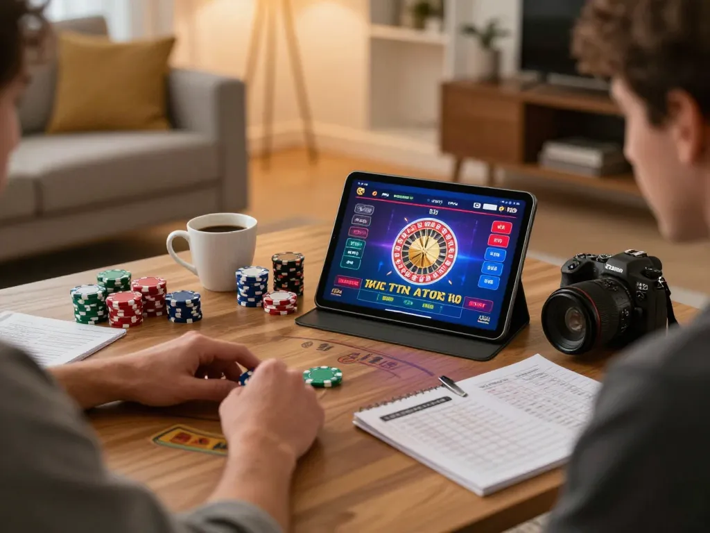 Kuwin player enjoying online gaming with strategic notes, cozy home atmosphere