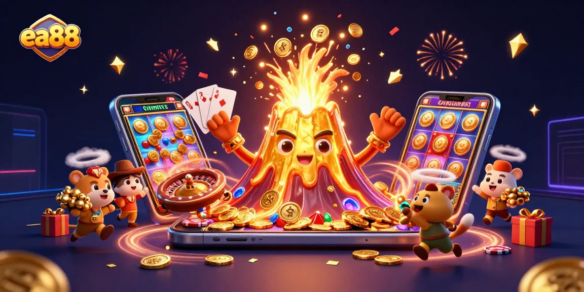 ea88 players winning big with a golden volcano, coins and treasures erupting amidst casino excitement.