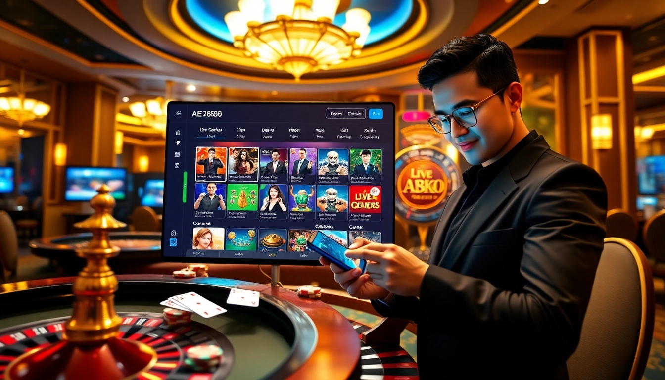 AE888 players enjoying a lively virtual gambling experience with casino elements and mobile features.