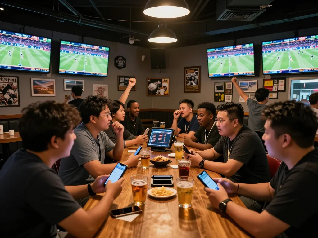 Tỷ lệ kèo nhà cái hôm nay displayed on screens while enthusiastic fans engage in sports betting.