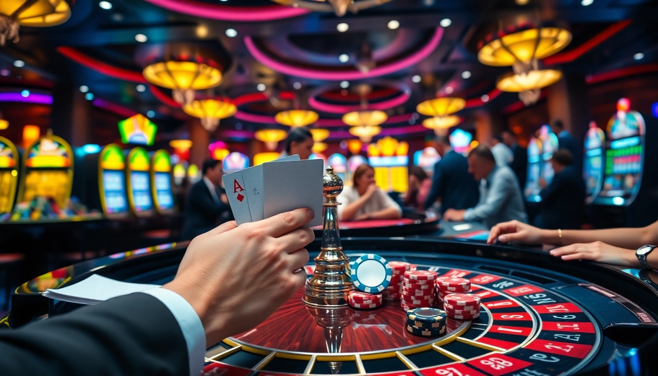 Exciting gambling scene with go8-themed poker chips and vibrant casino atmosphere.