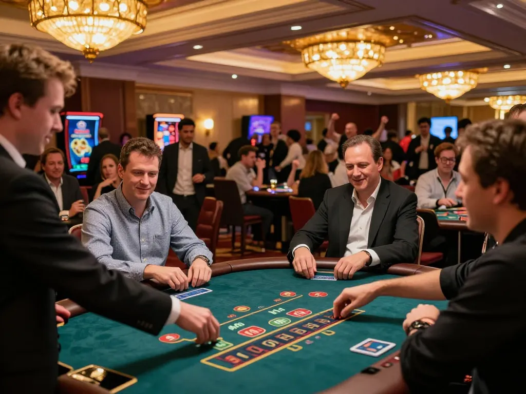 Players experiencing the thrill of gameplay at 789win blackjack table in a vibrant casino atmosphere.