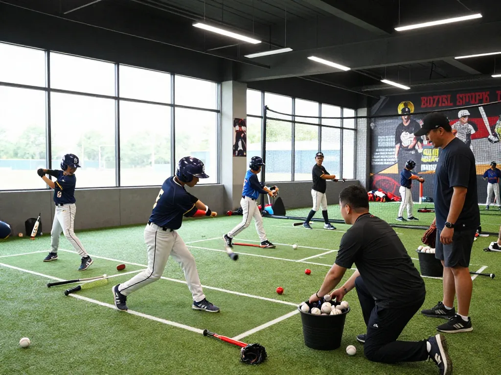 Young athletes training at hitclub batting cages, focused on improving their swings in a bright facility.