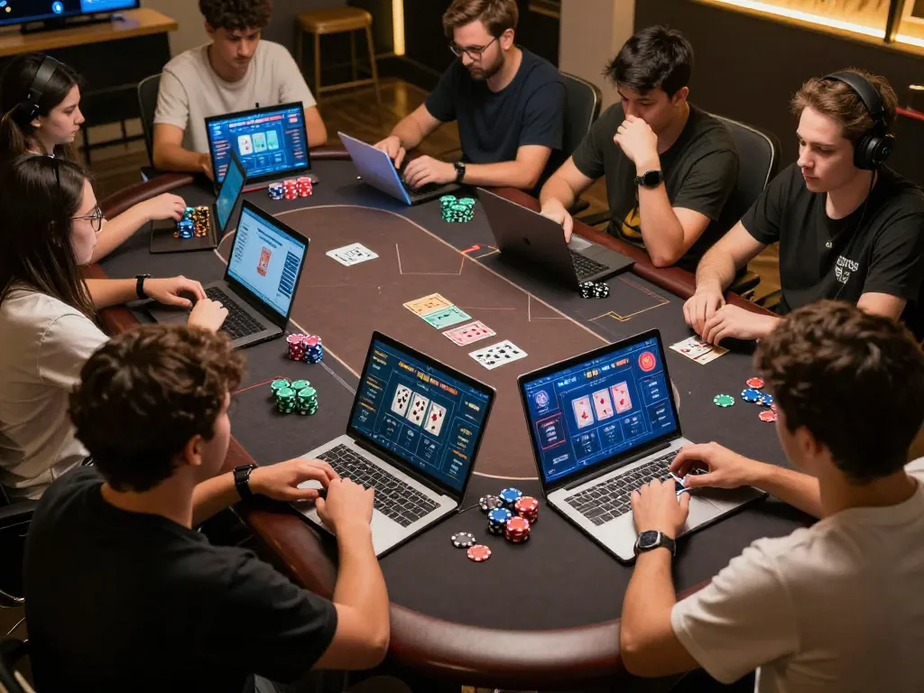 Engaged players experiencing Daga's online poker tournament, showcasing strategic gameplay in a colorful, vibrant setting
