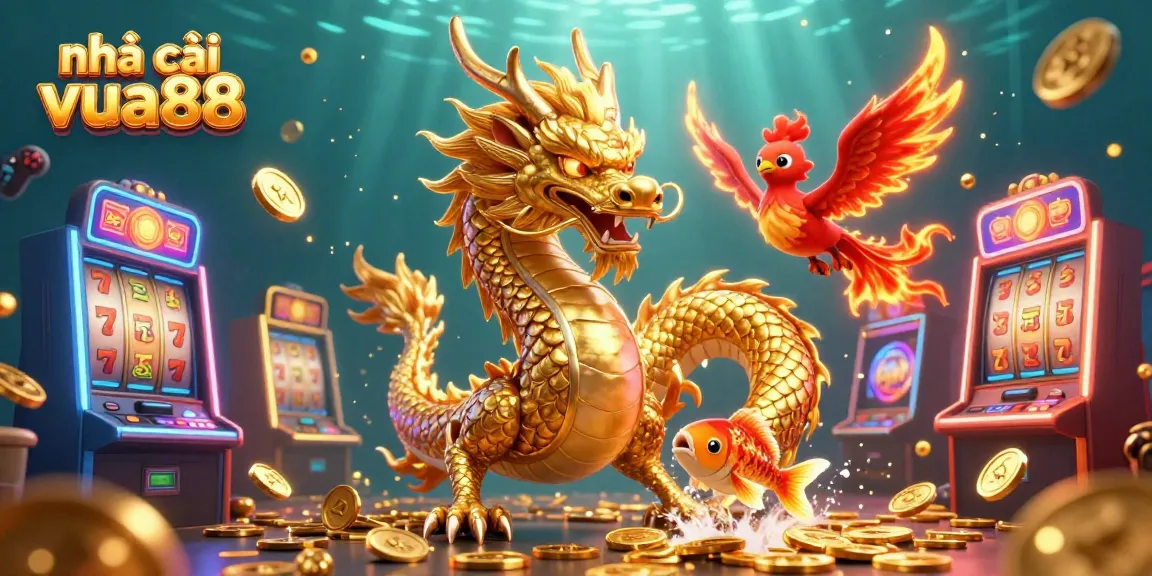 Experience the vibrant action at nhà cái vua88 with stunning dragons and casino elements in a colorful 3D illustration.