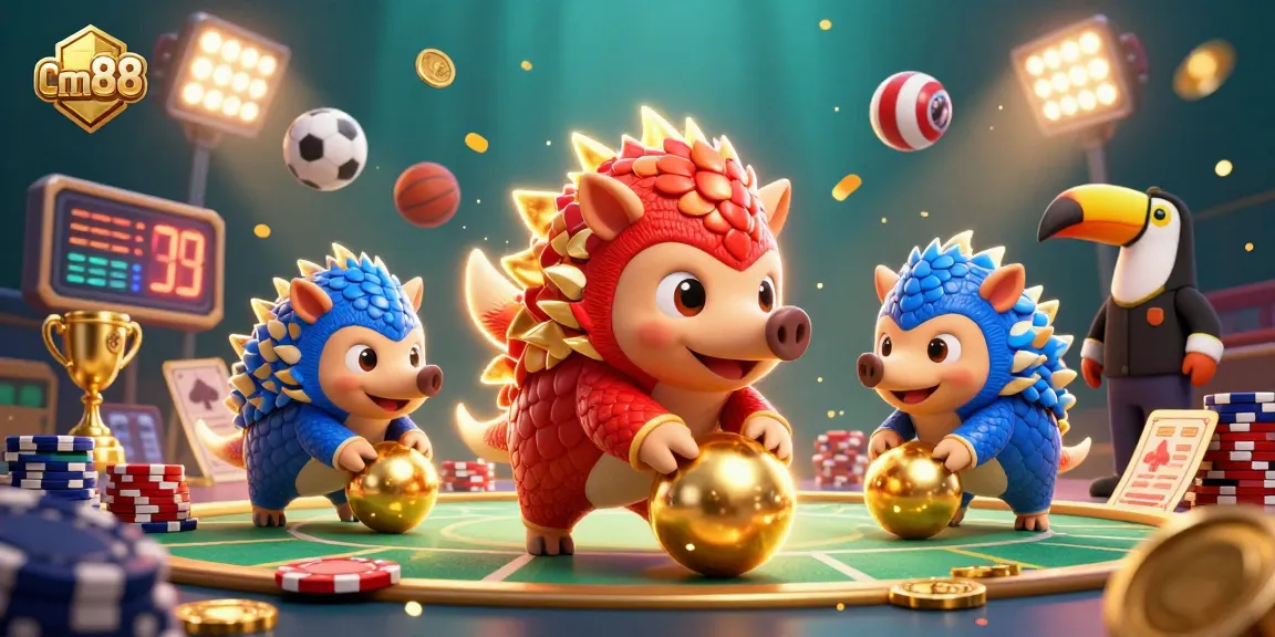 Experience the thrill of cm88 with dynamic pangolins bowling through poker chips in a vibrant casino scene.