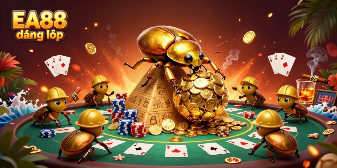 Experience EA88 đăng nhập through dynamic gambling adventures with golden coins and vibrant poker elements.