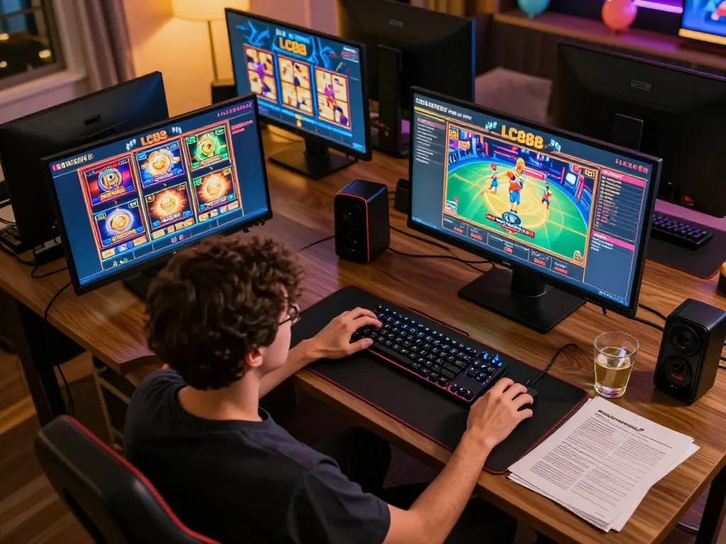 Engaging with LC88's online slot games at a dynamic gaming setup, capturing immersive gameplay.