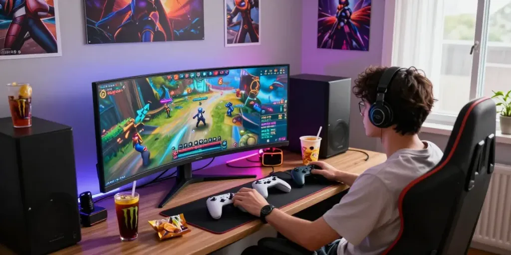 Engaging gaming setup showcasing a player enjoying rokok88 with snacks and vibrant visuals