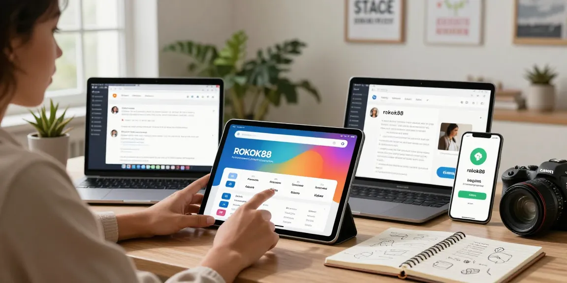 Engaging user accessing ROKOK88 login on tablet in modern home office.