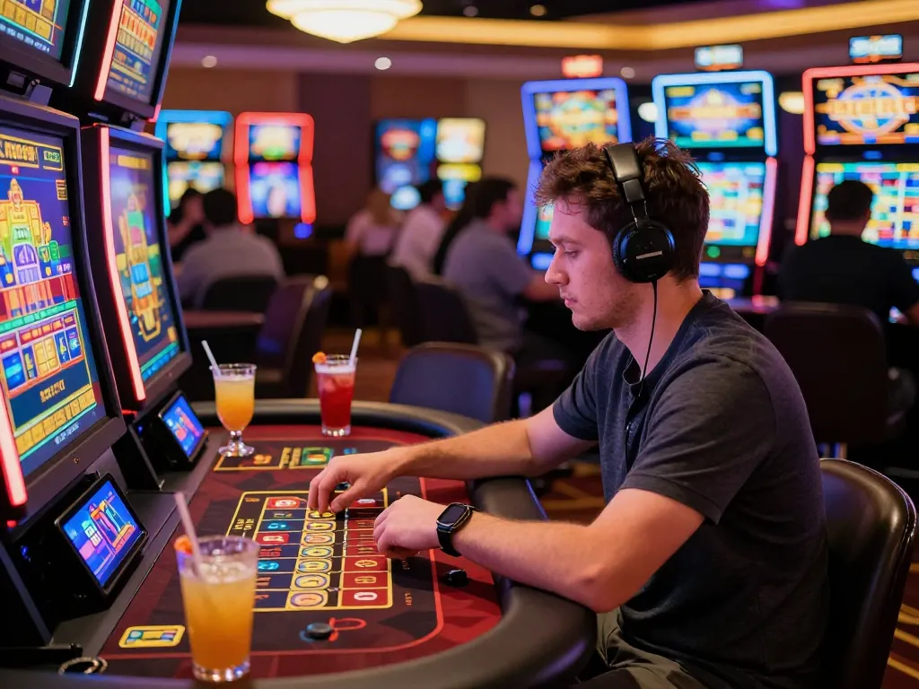 Engaging online gambling atmosphere at 789P with a player enjoying live dealer games and colorful slot machines.
