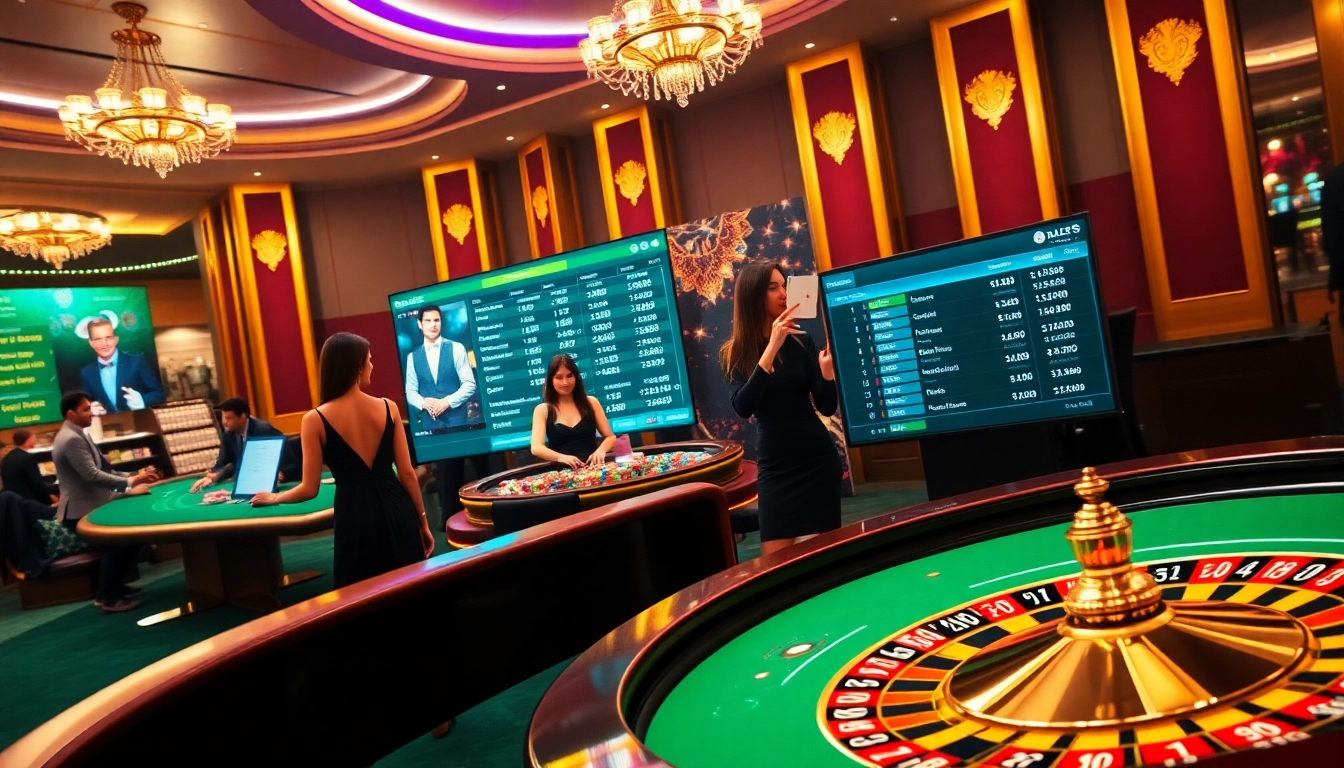 Glamorous gamblers experiencing the excitement at thabet.com casino tables, displaying high-stakes action.