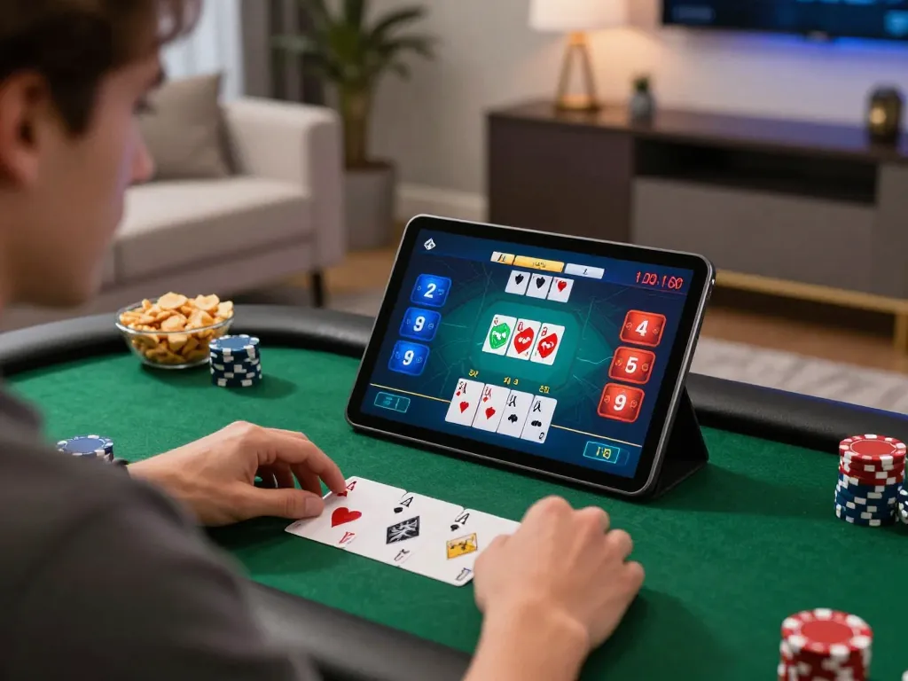 Ta88 player strategizing during online poker session at home with tablet and engaging game interface