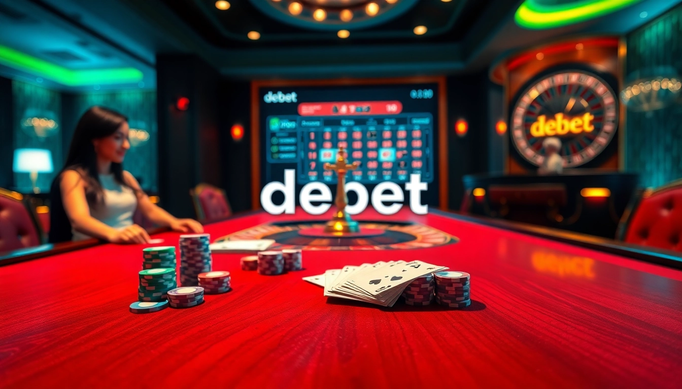 Engage in thrilling poker games at the debet casino, featuring vibrant chips and a roulette wheel.
