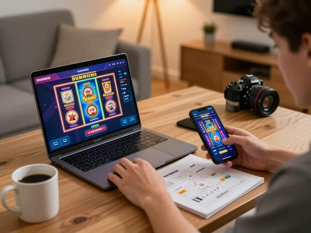 Engaging in Sunwin online gaming with colorful slot visuals and cozy ambiance at home