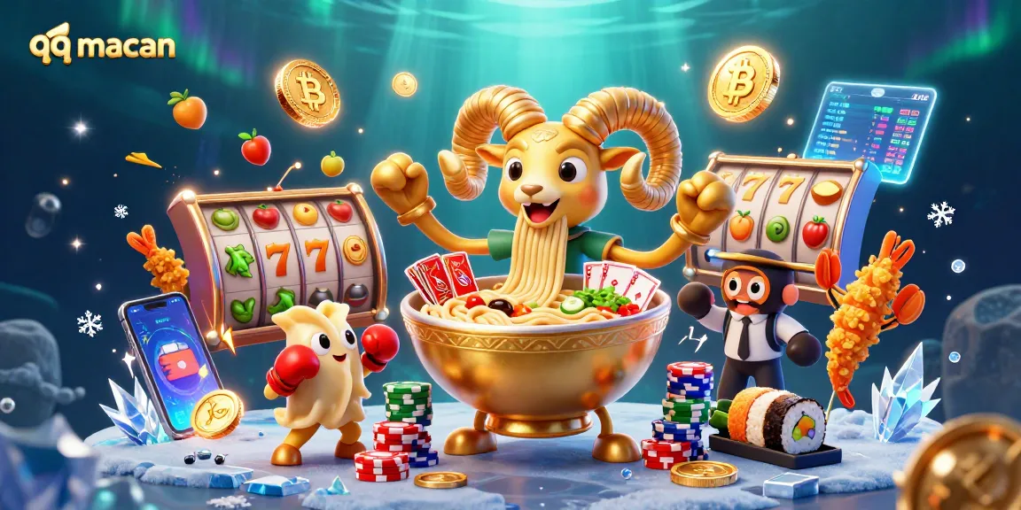 Taruhan slot seru di qqmacan dengan ramen raksasa dan suasana kasino yang meriah.