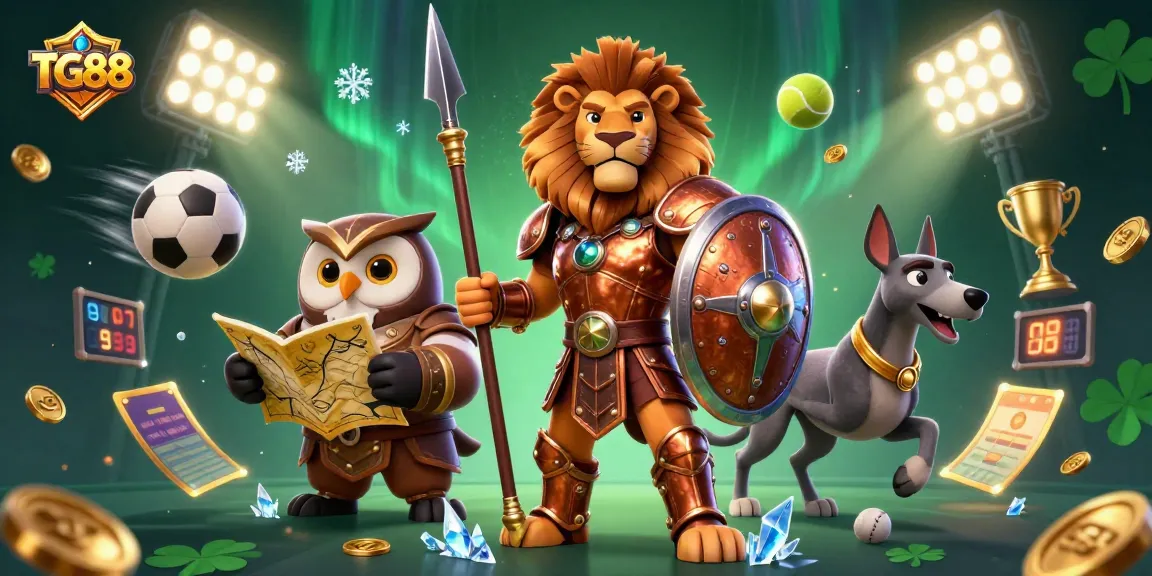 Engage with TG88 in an exciting casino scene featuring dynamic sports elements and characters.