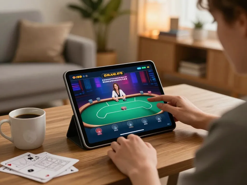 Player strategizing bets on lc88 poker app in cozy home gaming setup
