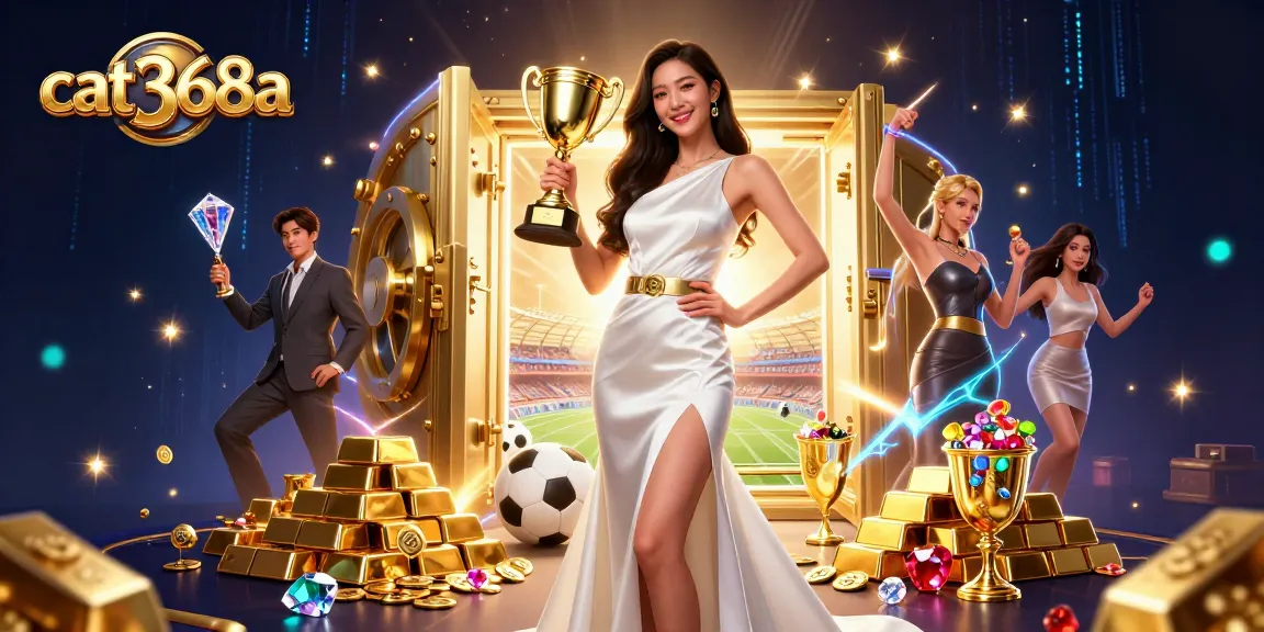 Experience sports betting excitement with cat368a as a confident woman holds a trophy amidst winning elements.