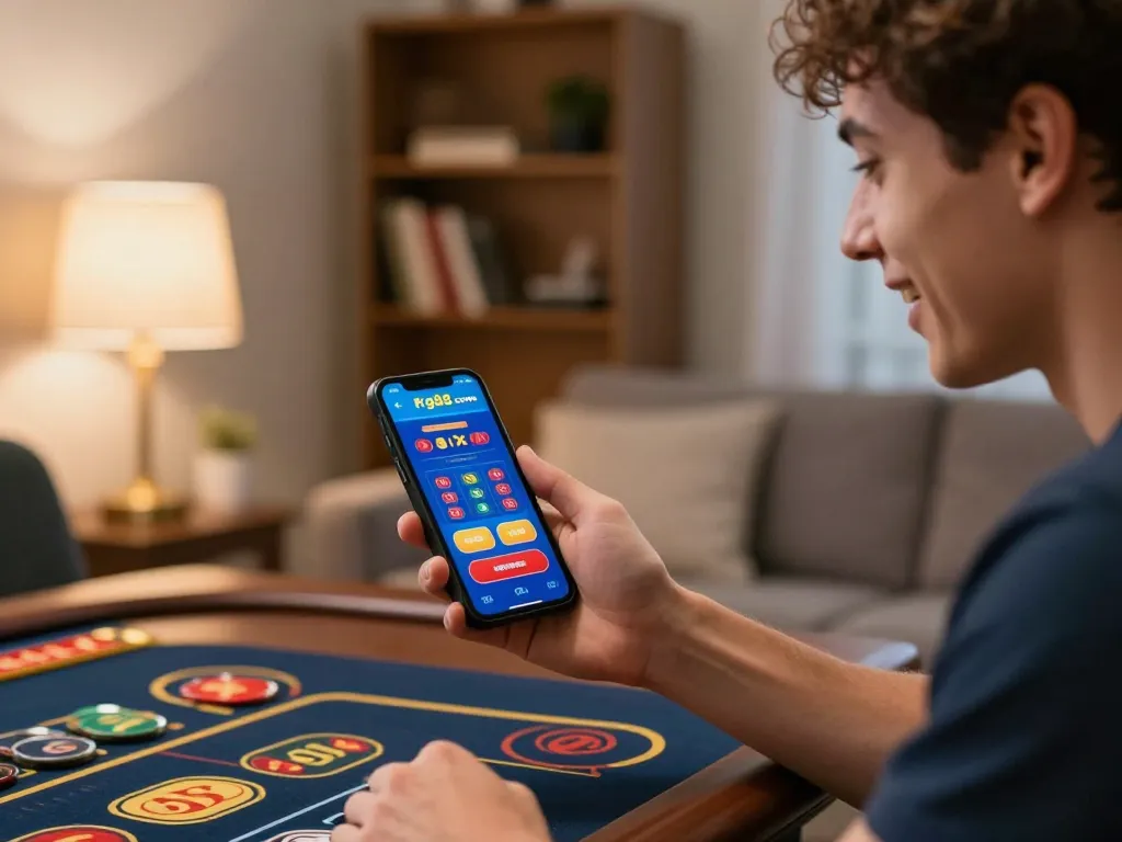 Engaged player using tg88 com app for online gaming in a cozy setting