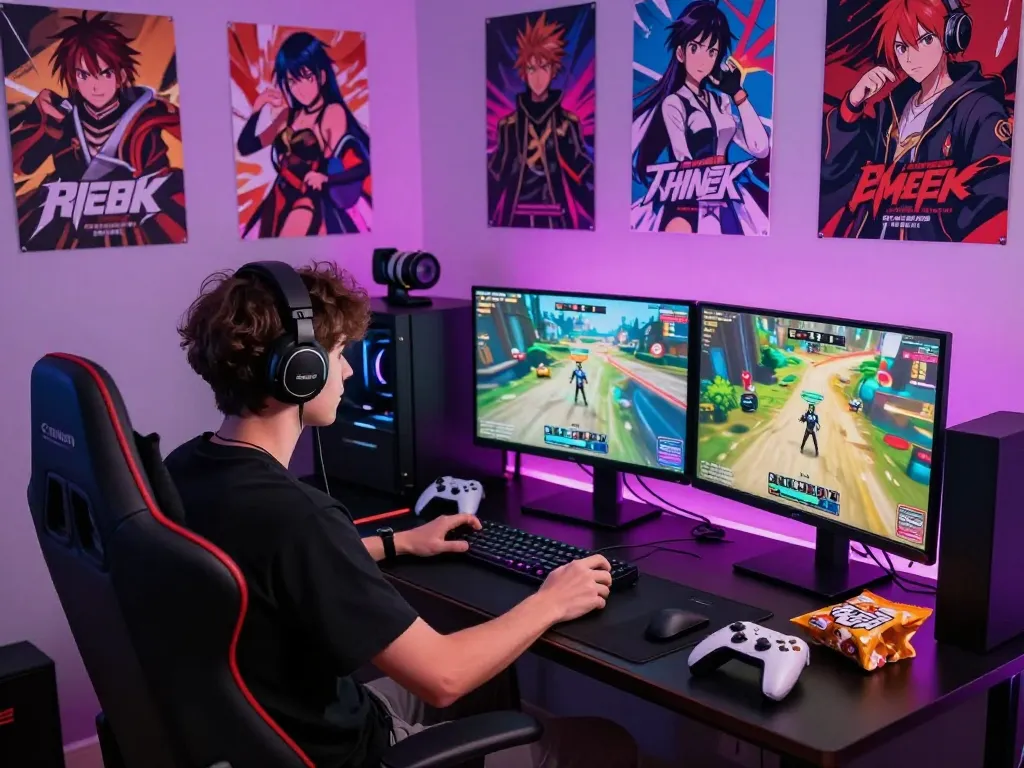 Engaging anime porn game player immersed in vibrant gaming setup.