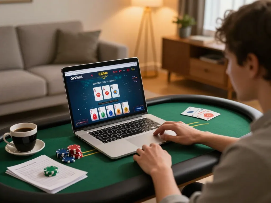Engaged user enjoying online gaming on OPEN88 COM platform with poker interface at cozy home
