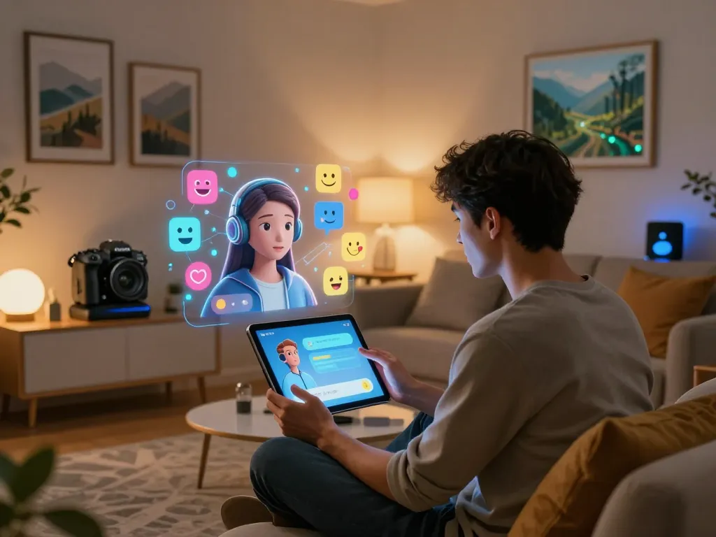 Engaged user with crush on AI character in a modern digital landscape, showcasing smart home technology and vibrant emotions.