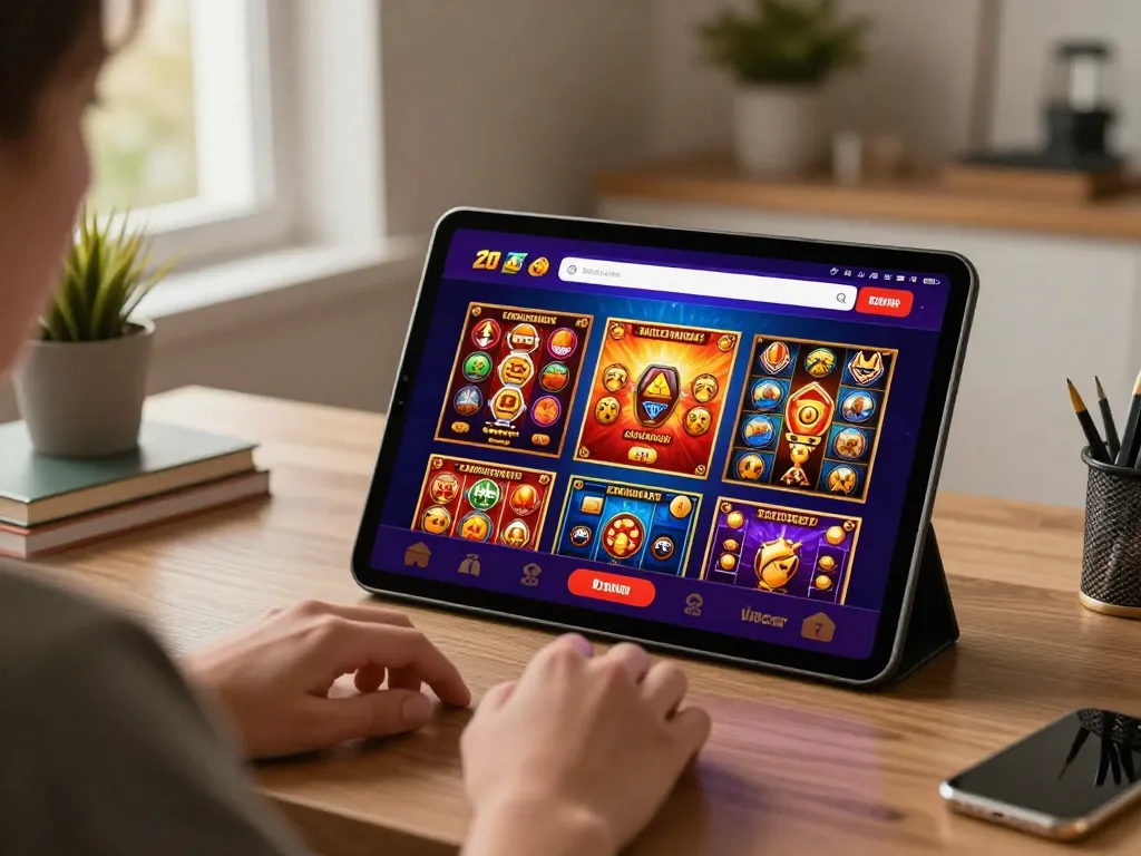 Enjoying thrilling online gameplay at Sunwingo platform on a sleek tablet with vibrant game graphics