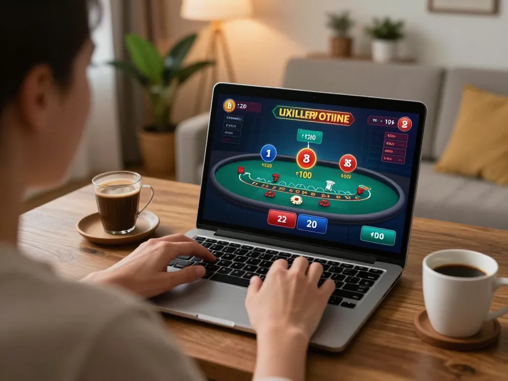 Engaging in online blackjack on MK8 from cozy home setup, showcasing immersive gaming experience and responsible play.