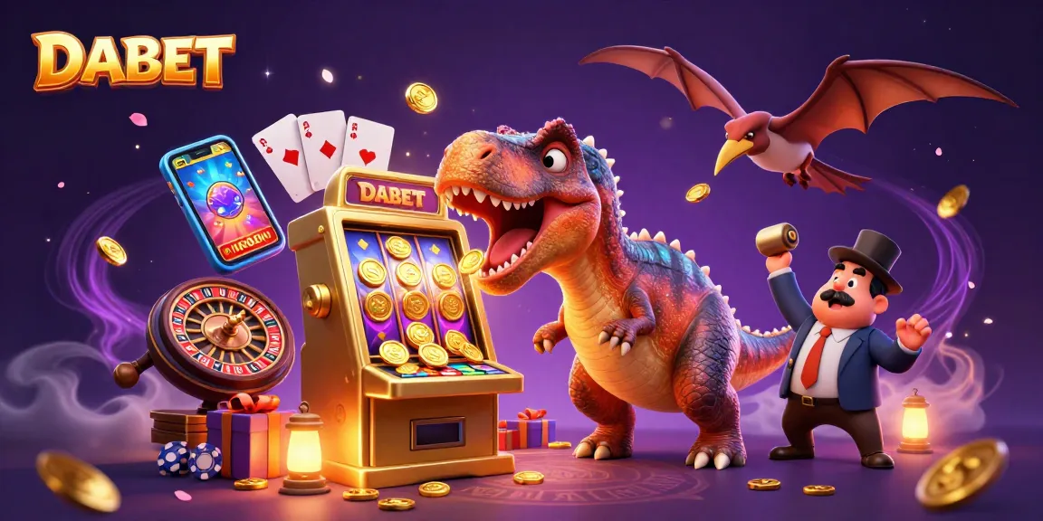 DABET slots pay out jackpot coins as a cartoon dinosaur interacts with a casino scene