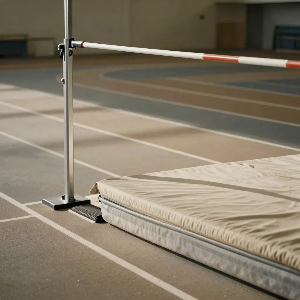 Pista di salto in alto con asta, cavalletti, asse di stacco e materasso in arena indoor.