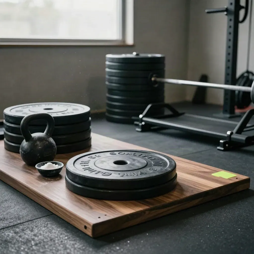 Angolo palestra con piattaforma zavorrata, kettlebell, gesso e slitta, atmosfera tecnica e dinamica.