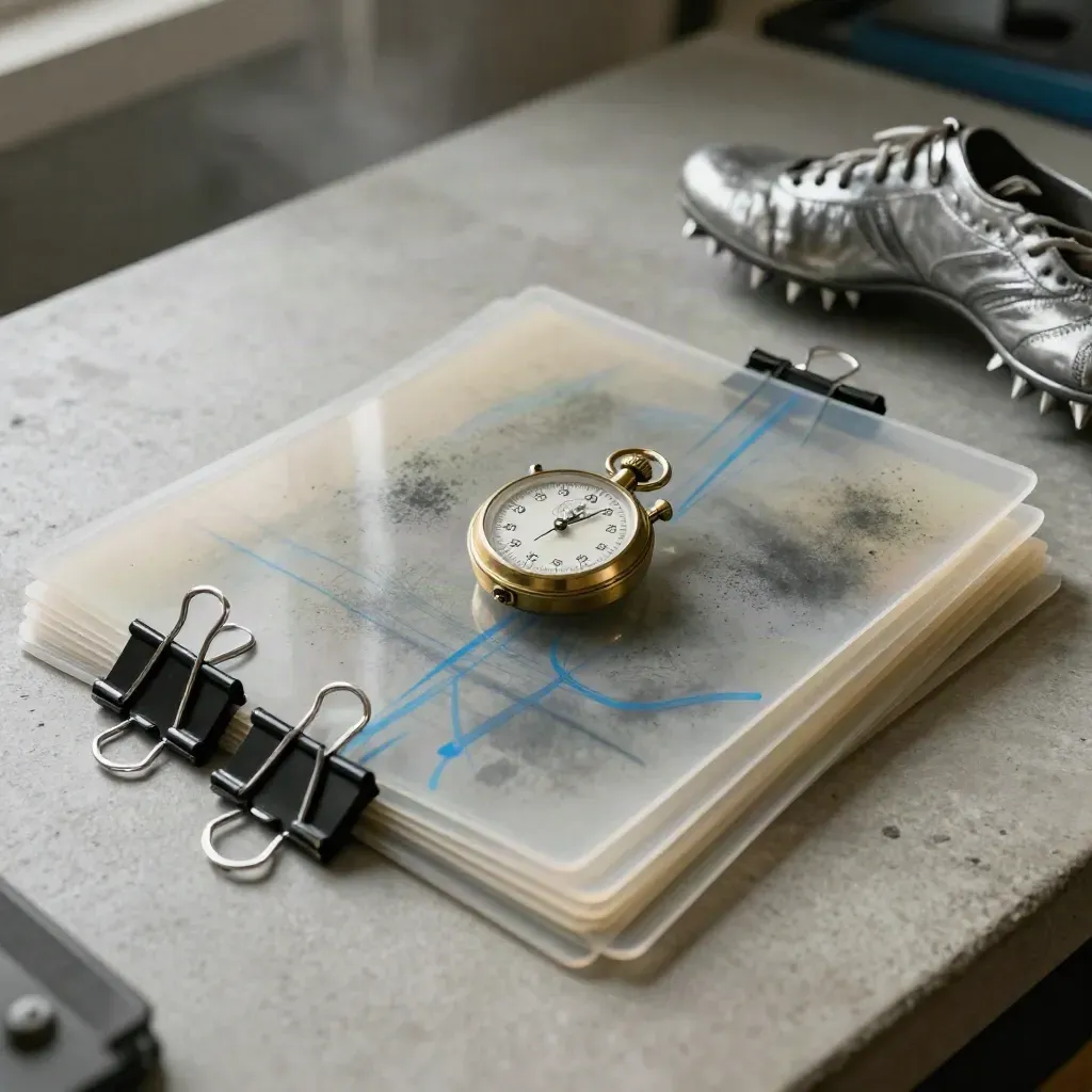 Flat lay tecnico con acetati, clip, cronometro in ottone e scarpe chiodate su banco in cemento.