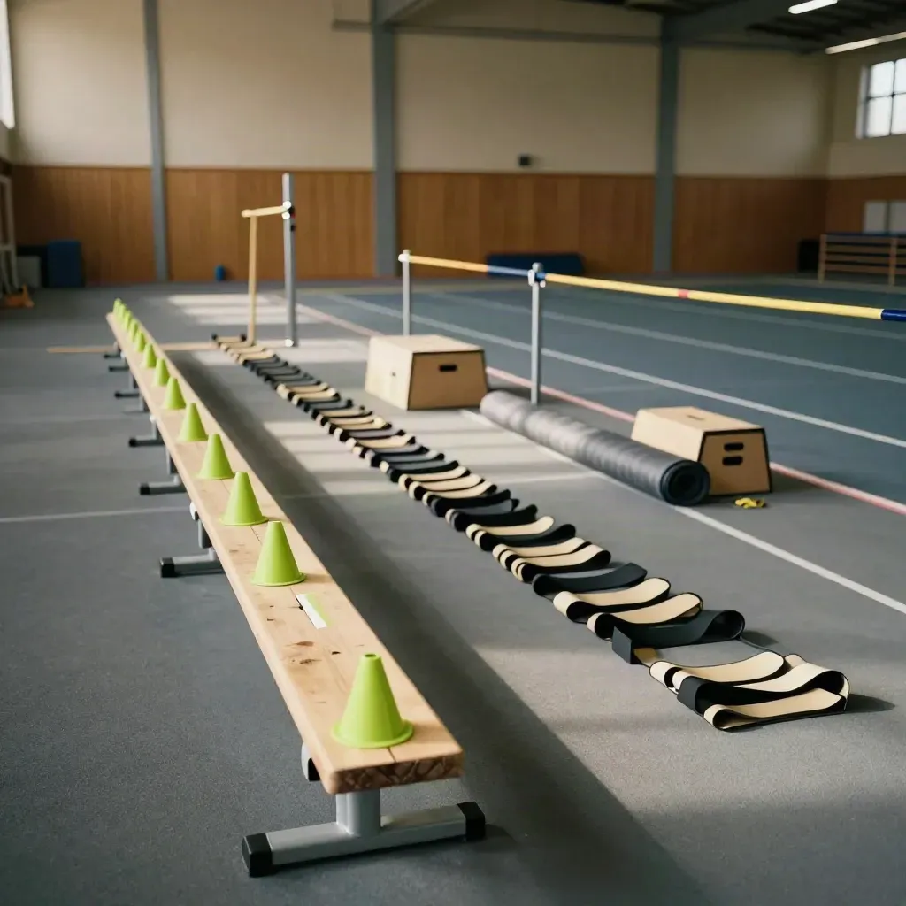 Pista indoor con ostacoli, coni e chiodate pronti per una squadra scolastica.