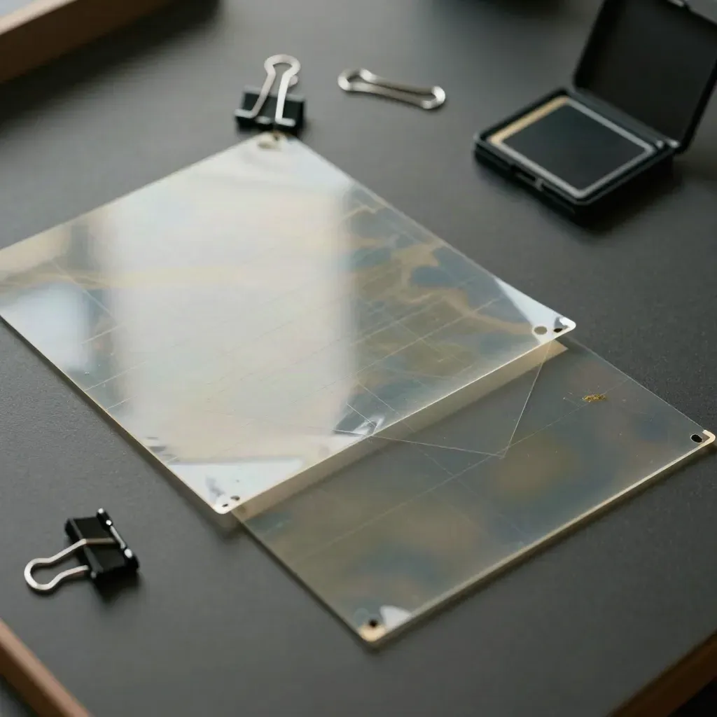 Lastre di acetato con clip e custodia schede su piano scuro, in luce radente dall’alto.