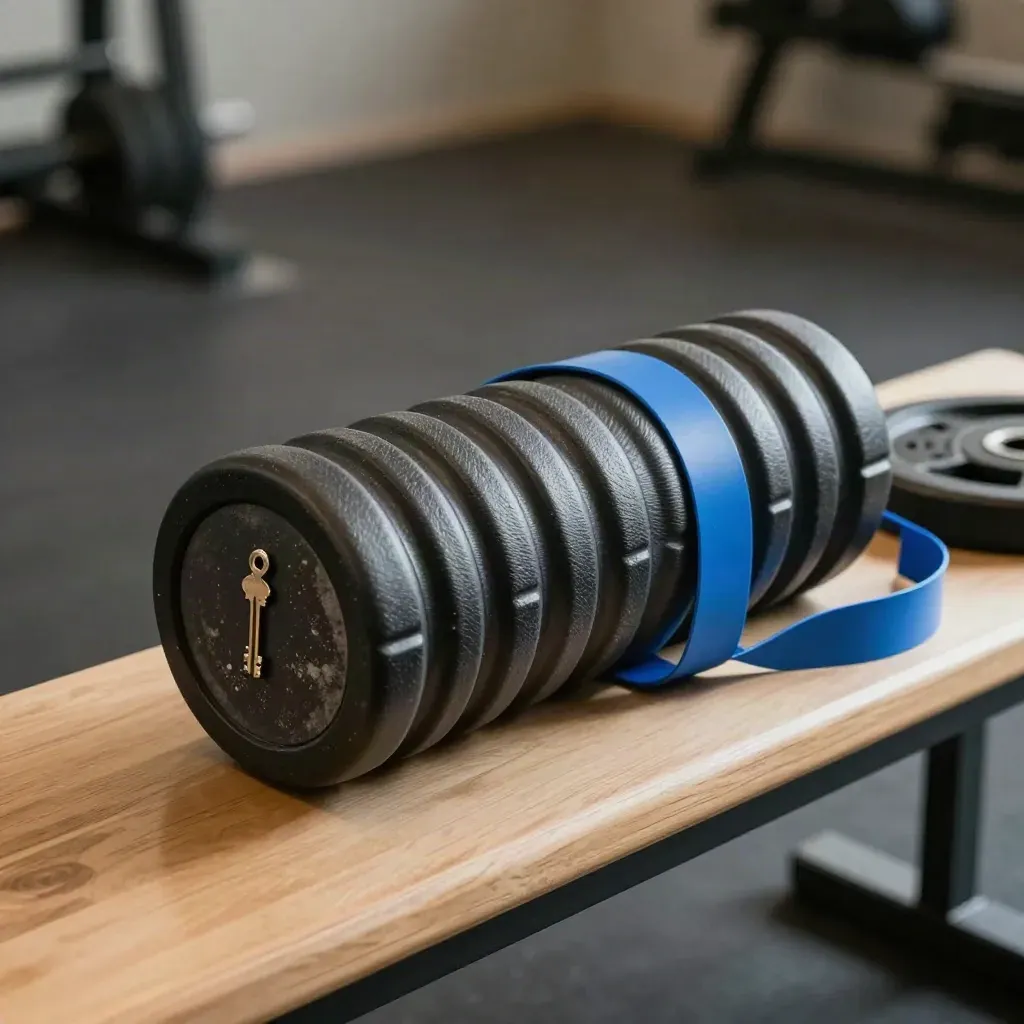 Foam roller, elastici e pallina da massaggio su panca in legno chiaro.