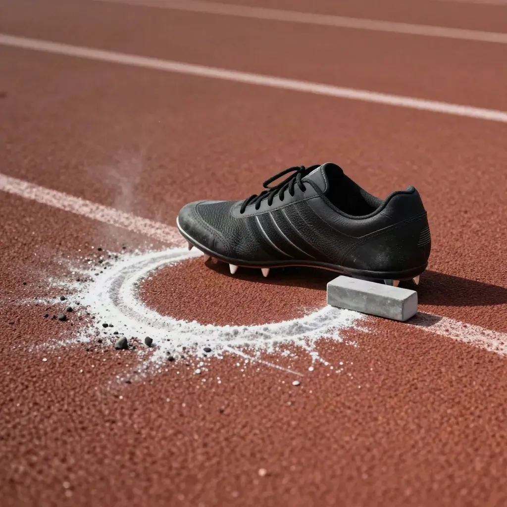 Scarpa chiodata, segno di stacco, blocco di gesso e cono su pista sintetica dall’alto.