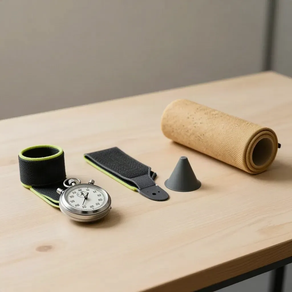 Stopwatch, fascia caviglia, cono e foam roller su banco chiaro