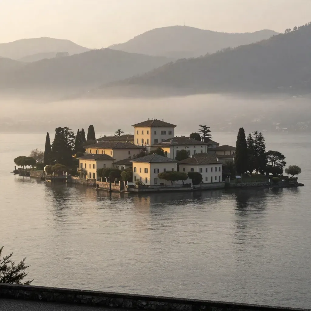 Veduta ampia del Lago di Como con ville pallide, acqua calma e nebbia mattutina sulle montagne.