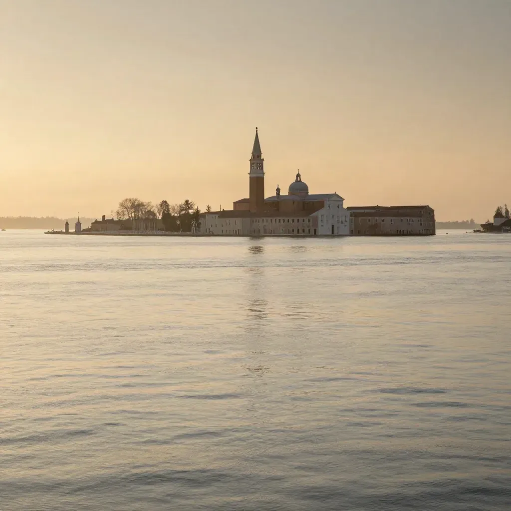 Laguna veneta al tramonto con campanile pallido e acqua calma