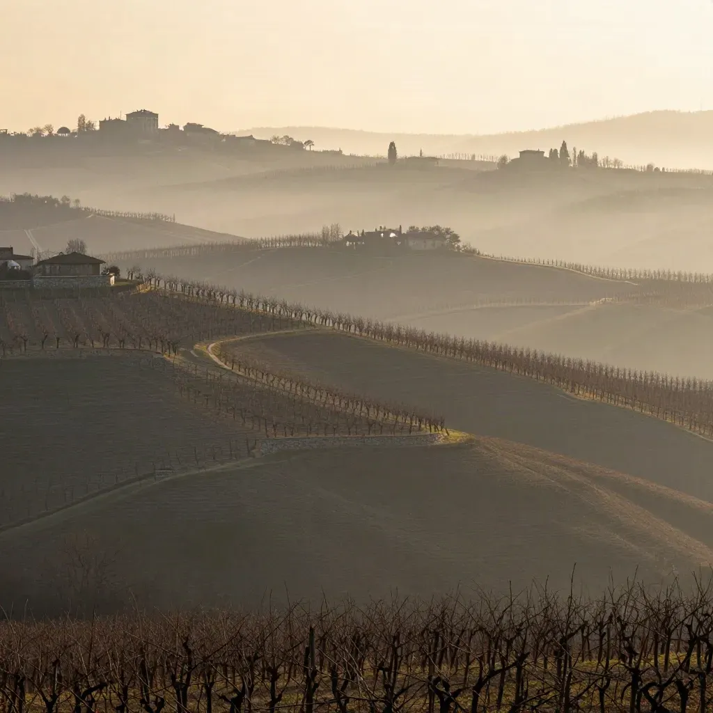 Colline delle Langhe avvolte dalla nebbia con Torino lontana