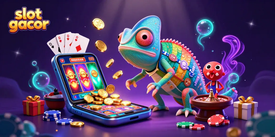 Slot gacor dalam ilustrasi kartun 3D yang menampilkan chameleon kasino dengan elemen permainan berkilau.