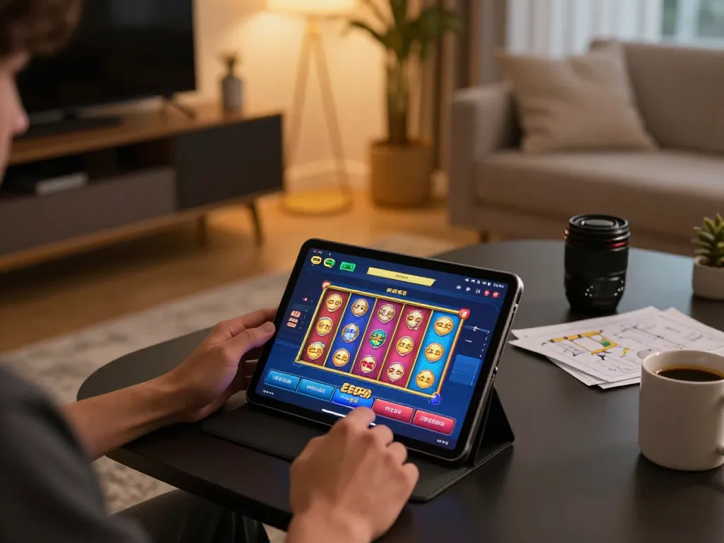 Ee88 online gaming experience on a tablet, showcasing vibrant slot games in a cozy home atmosphere