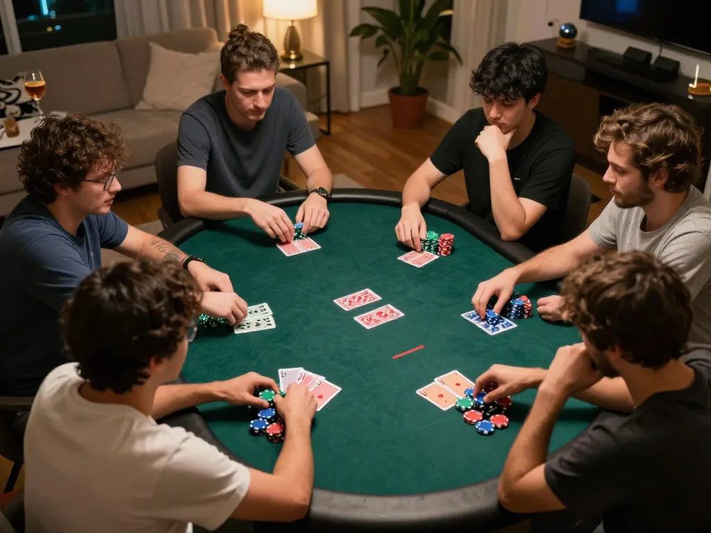 Players engaging in strategic online poker gameplay, highlighting nhà cái 32win atmosphere, cozy home setting