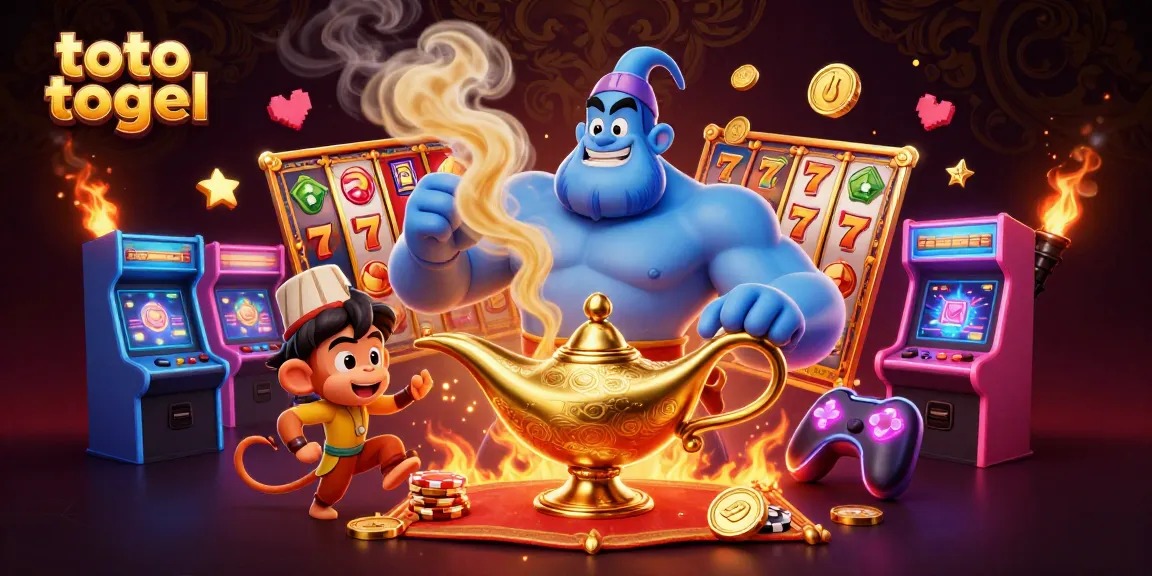 Engaging 3D illustration showcasing a lively scene of toto togel with a genie and colorful casino elements.