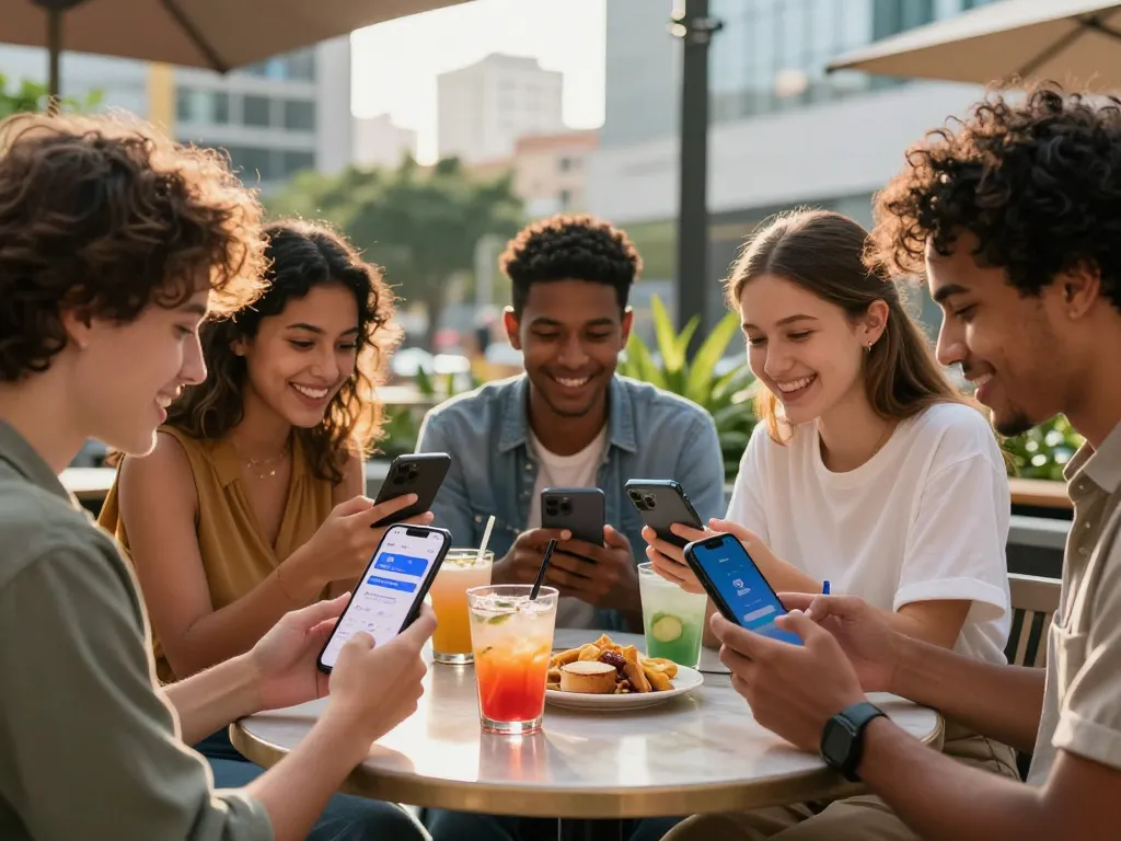 Young diverse individuals enjoying the Go 99 mobile data plan in an urban café.