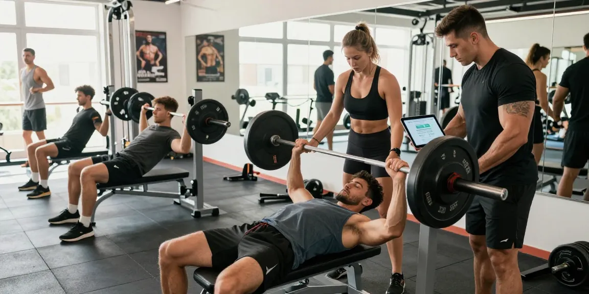 Bodybuilders training at Steroide Boutique gym, showcasing teamwork and dedication in a vibrant fitness studio.