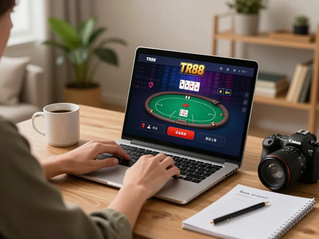 Engaging in TR88 online gaming with a cozy setup at home, blending gaming strategy and comfort.