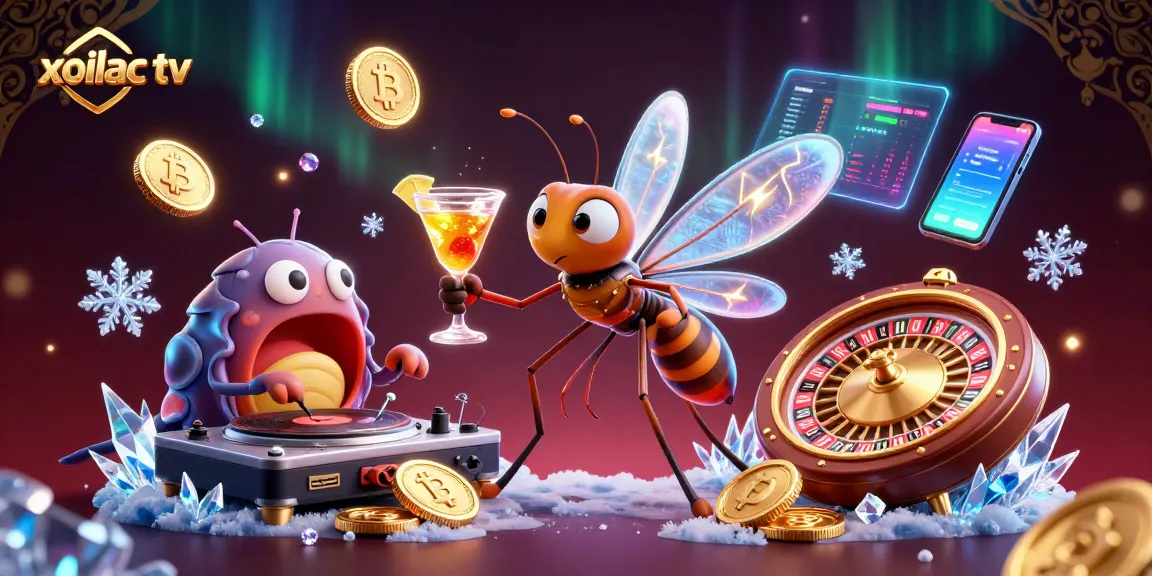 Xoilac TV showcases a lively scene featuring a frozen mosquito mascot, a trilobite DJ, and golden roulette elements for sports betting adventures.