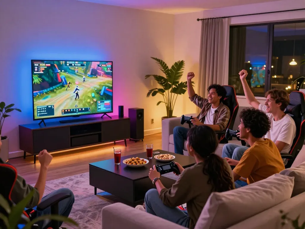 Friends enjoying a gaming session at home with https://rikviprent.com featured on the screen, capturing the excitement in a vibrant living room.